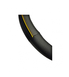 Husa volan auto premium imitatie piele M 38 cm negru cu linie galbena Cod: WPU02A