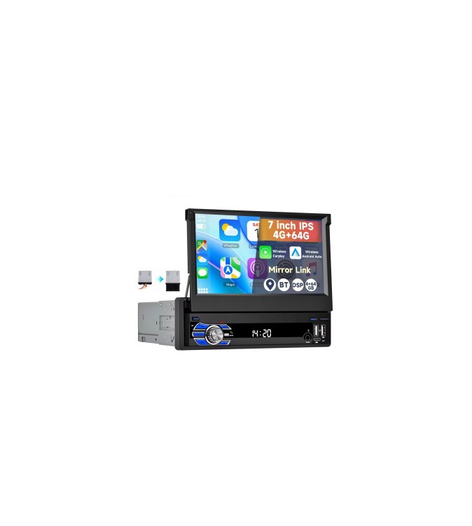 Radio auto 1DIN Android 7 inch retractabil 4GB+64GB Wireless CarPlay Android Auto Cod: A4186