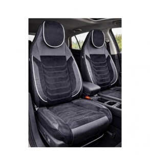 Huse scaune auto universale fractionate Premium cu tetiera fata incorporata negru cu cusatura alba Cod: HNG-C509-1