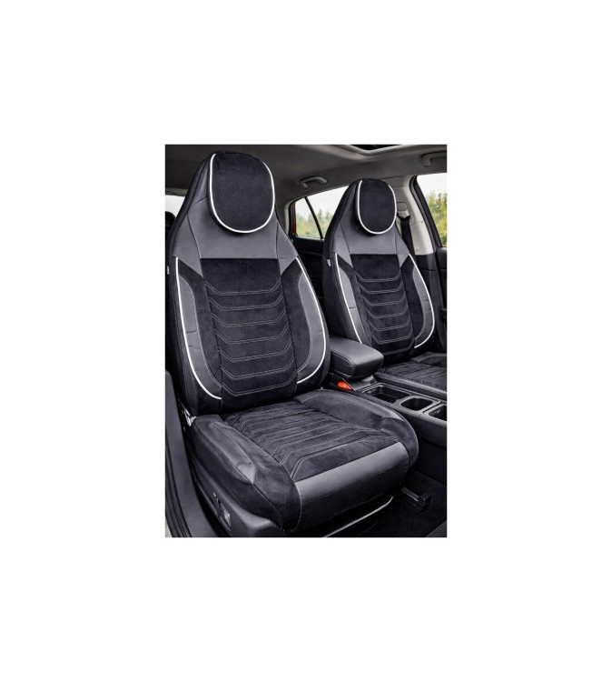 Huse scaune auto universale fractionate Premium cu tetiera fata incorporata negru cu cusatura alba Cod: HNG-C509-1