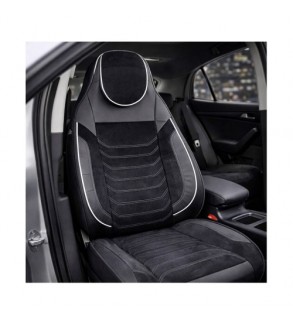 Huse scaune auto universale fractionate Premium cu tetiera fata incorporata negru cu cusatura alba Cod: HNG-C509-1