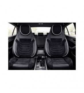 Huse scaune auto universale fractionate Premium cu tetiera fata incorporata negru cu cusatura alba Cod: HNG-C509-1