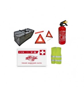 Kit siguranta auto complet trusa cutie alba 2 triunghiuri vesta geanta stingator fara manometru