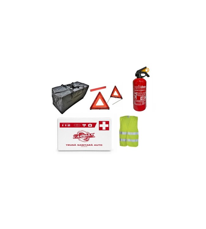 Kit siguranta auto complet trusa cutie alba 2 triunghiuri vesta geanta stingator fara manometru