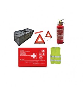 Kit siguranta auto complet trusa cutie rosie  2 triunghiuri vesta geanta stingator cu manometru  Runkit