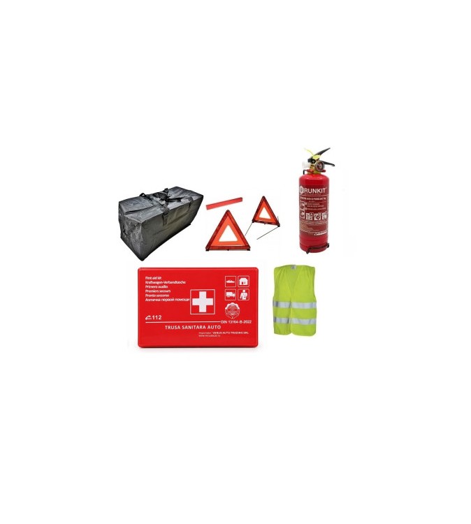 Kit siguranta auto complet trusa cutie rosie  2 triunghiuri vesta geanta stingator cu manometru  Runkit