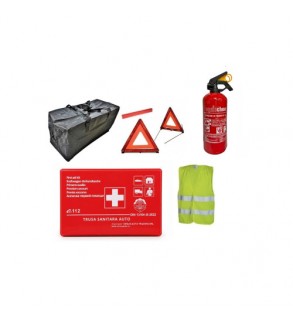 Kit siguranta auto complet trusa cutie rosie 2 triunghiuri vesta geanta stingator fara manometru