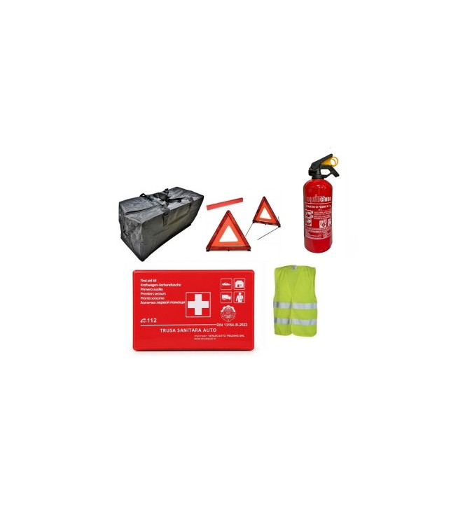 Kit siguranta auto complet trusa cutie rosie 2 triunghiuri vesta geanta stingator fara manometru