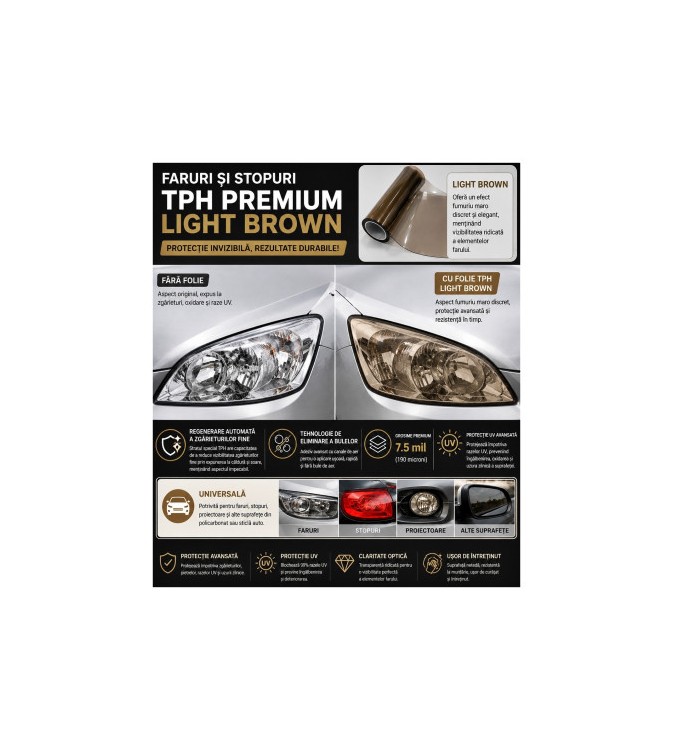 Folie protectie faruri si stopuri TPH Premium Light Brown cu regenerare 7.5m x 60cm Cod: TH011