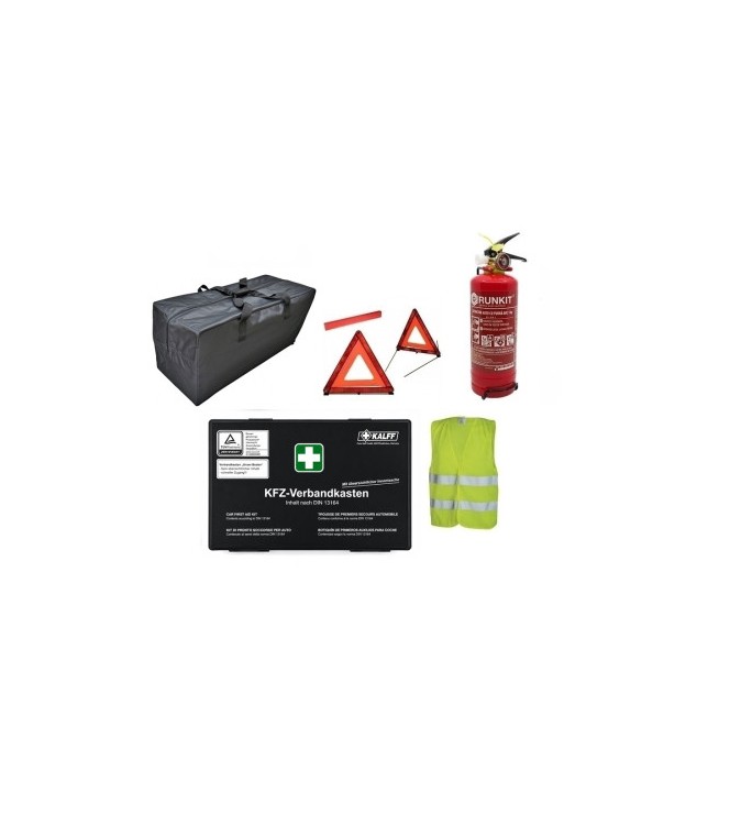 Kit siguranta auto complet trusa cutie neagra 2 triunghiuri vesta geanta  stingator cu manometru  Runkit