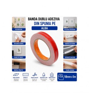 Banda dublu adeziva din spuma PE alba 18 mm x 5 m HighPower Cod: AAA179