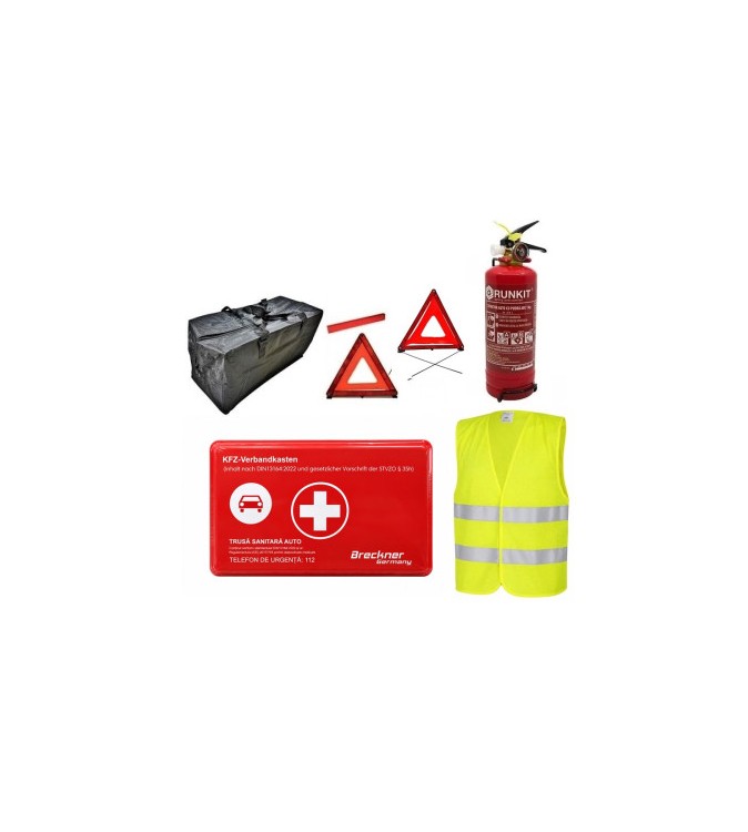Kit siguranta auto complet trusa cutie rosie DIN 13164-2022 vesta 2 triunghiuri geanta stingator Runkit