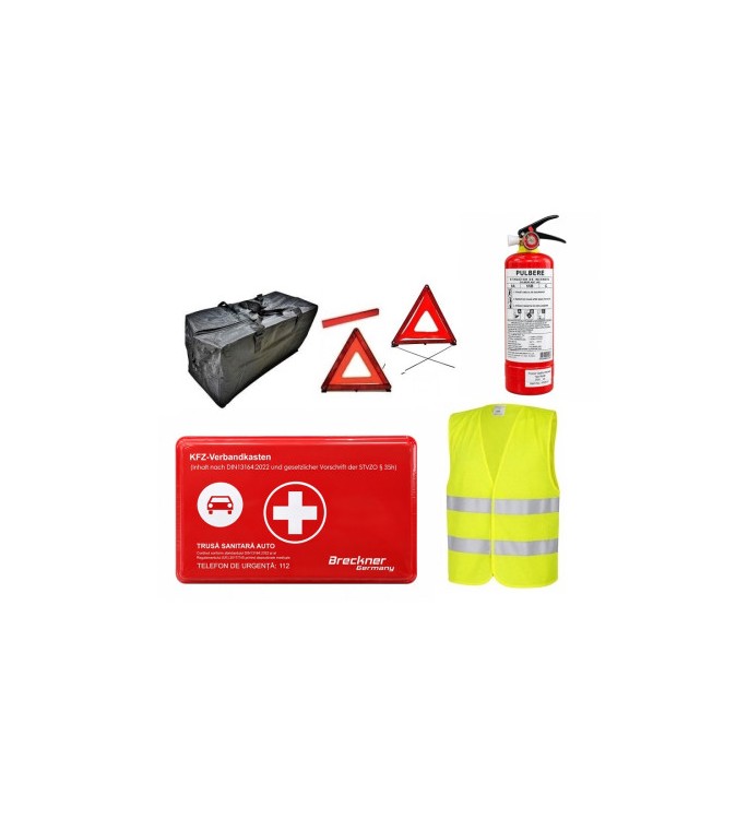 Kit siguranta auto complet trusa cutie rosie DIN 13164-2022 vesta 2 triunghiuri geanta stingator A58
