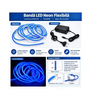 Banda led neon decorativ auto albastru 5 m 12V cu alimentator 220V inclus Cod: MIV