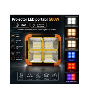 Proiector LED portabil 500W solar 3W baterie 12000mAh 6 moduri USB Power Bank IP66 Cod: BK00158