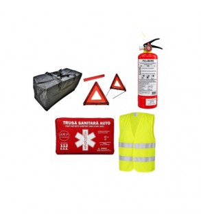Kit siguranta auto complet trusa tip borseta omologata RAR  2 triunghiuri vesta geanta stingator A58