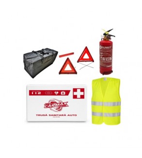 Kit siguranta auto complet trusa cutie alba 2 triunghiuri vesta geanta stingator Runkit