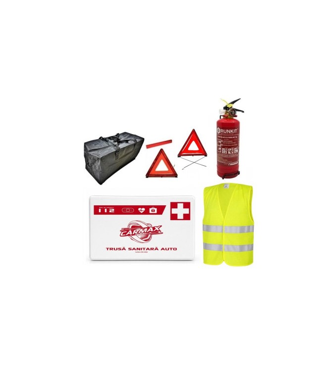 Kit siguranta auto complet trusa cutie alba 2 triunghiuri vesta geanta stingator Runkit