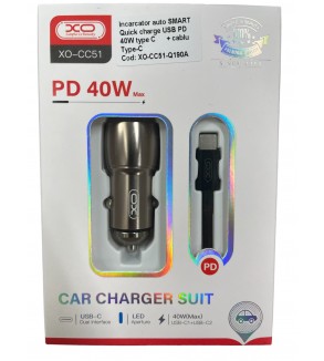 Incarcator-auto-SMART-Quick-charge-USB-PD-40W-type-C--cablu-Type-C-Cod--XO-CC51-Q190A