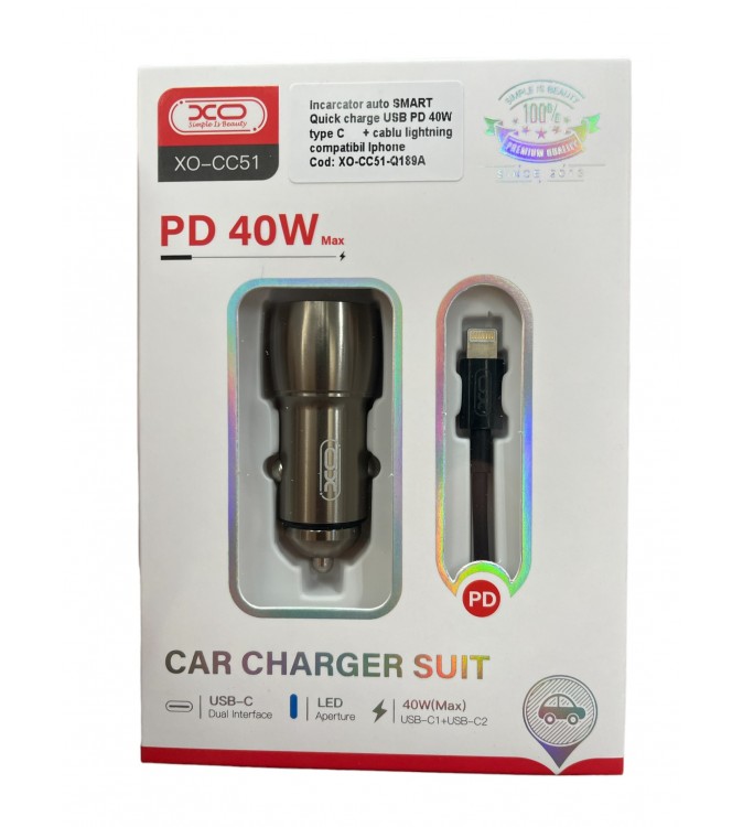 Incarcator-auto-SMART-Quick-charge-USB-PD-40W-type-C--cablu-lightning-compatibil-Iphone-Cod--XO-CC51-Q189A