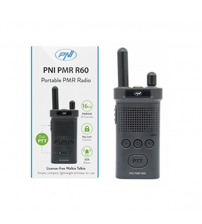 Statie radio portabila PNI PMR R60 446MHz, 0.5W, Scan, blocare taste, SOS, Monitor, acumulator 1200mAh Statie radio portabila PNI PMR R60 446MHz, 0.5W, Scan, blocare taste, SOS, Monitor, acumulator 1200mAh
