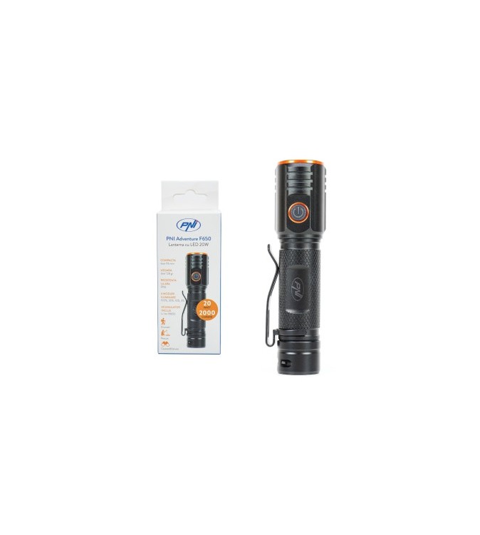 Lanterna PNI Adventure F650 cu LED 20W, 2000lm, din aluminiu, IPX6, acumulator inclus, incarcare prin USB tip C Lanterna PNI Adventure F650 cu LED 20W, 2000lm, din aluminiu, IPX6, acumulator inclus, incarcare prin USB tip C